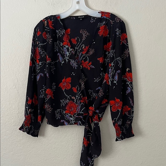 Madewell Women's Silk Smocked Sleeve Floral Wrap Top Size S - Picture 2 of 14